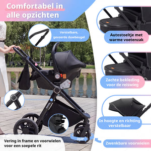 Movebaby™ 3 in 1 Kinderwagen met Autostoel | Luxe Opvouwbare Kinderwagen vanaf Geboorte | Lichtgewicht Aluminium Frame Movebaby