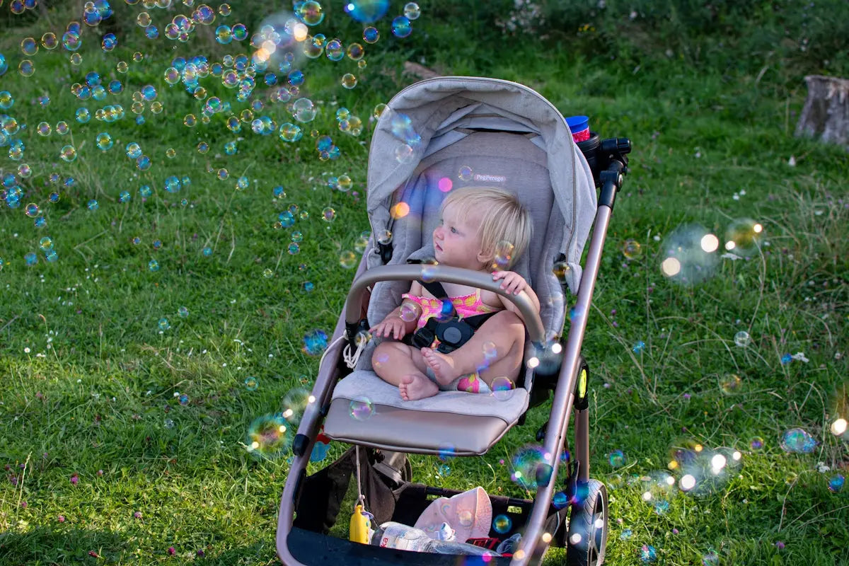 A baby is sitting in a stroller in the grass