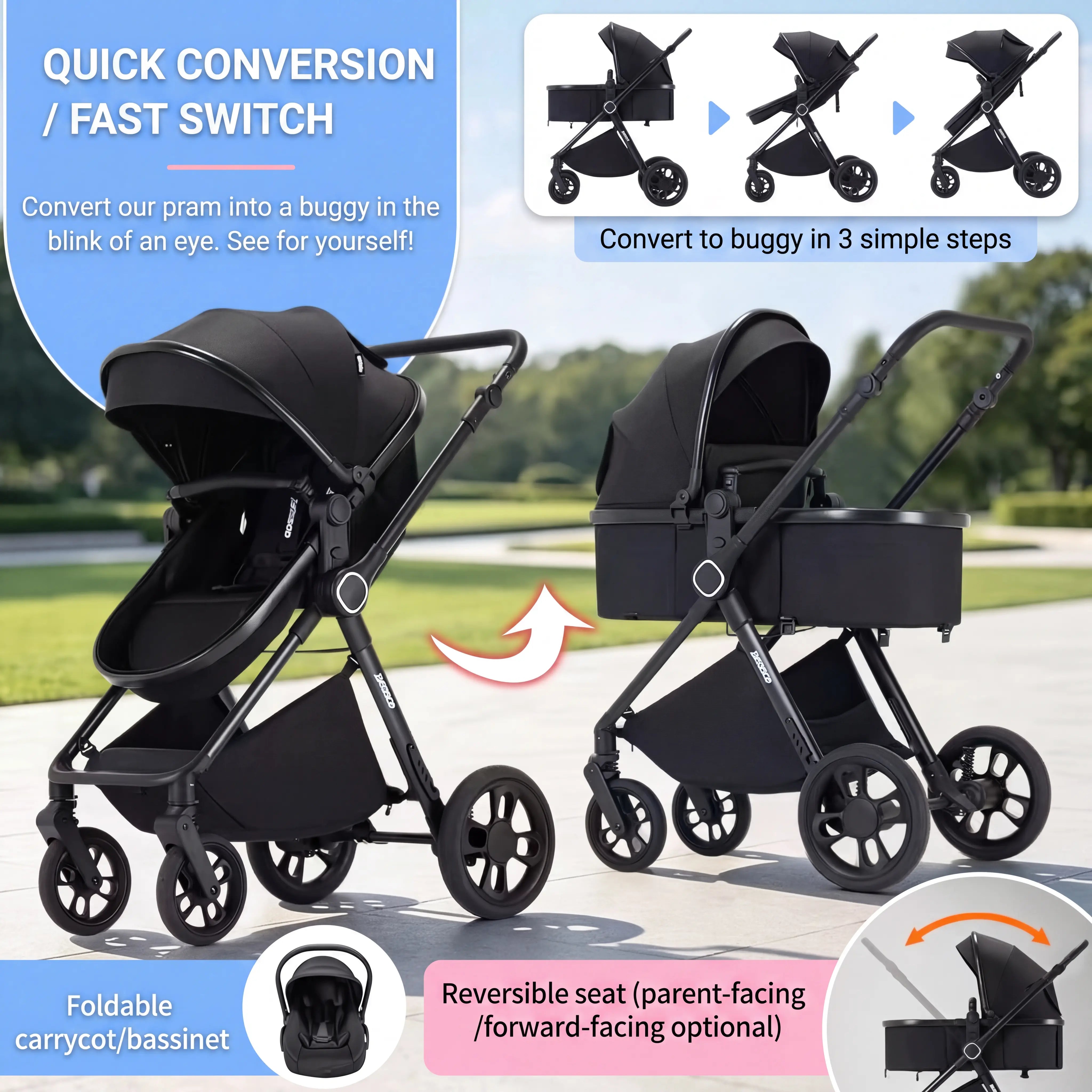 Movebaby™ 3 in 1 Kinderwagen met Autostoel | Luxe Opvouwbare Kinderwagen vanaf Geboorte | Lichtgewicht Aluminium Frame Movebaby