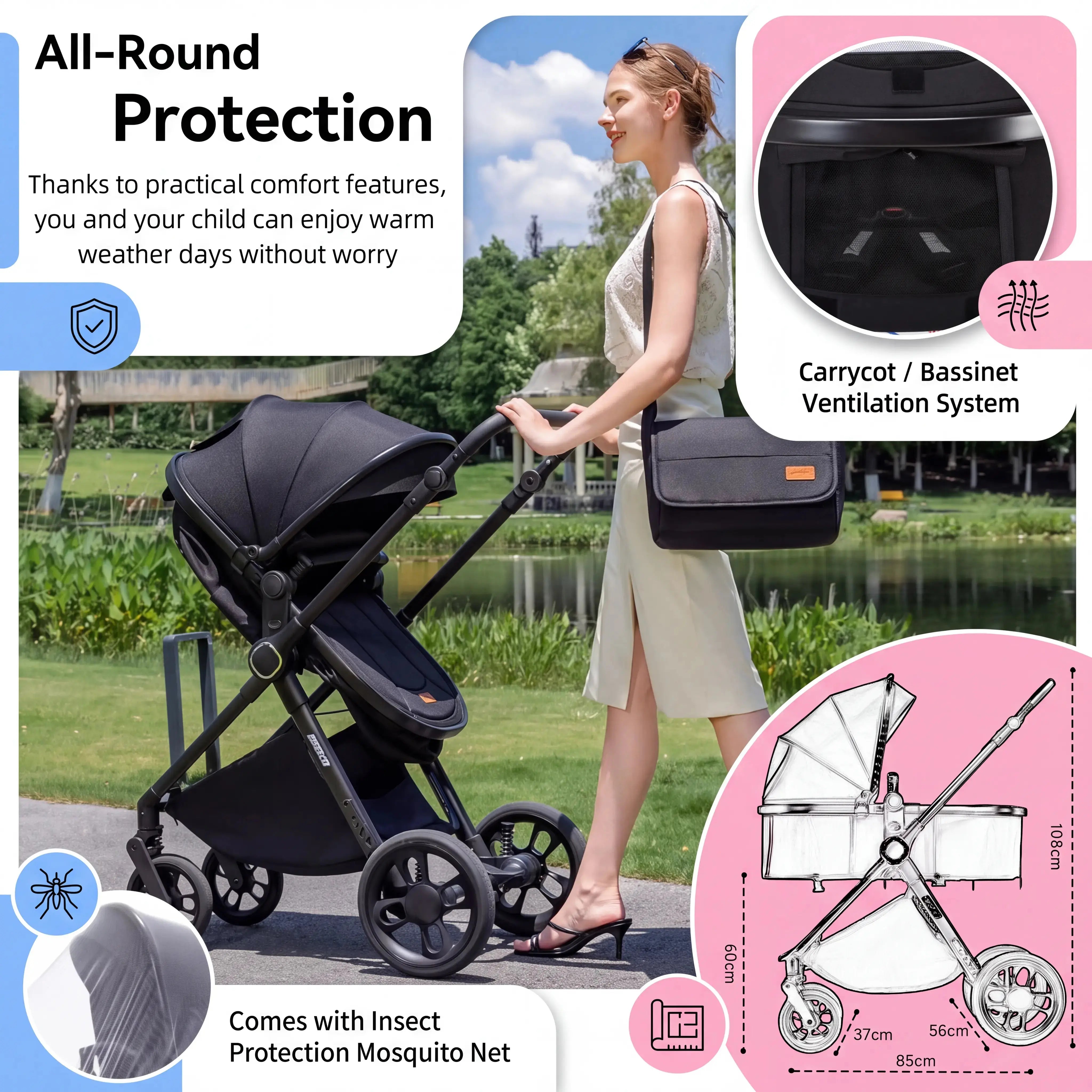 Movebaby™ 3 in 1 Kinderwagen met Autostoel | Luxe Opvouwbare Kinderwagen vanaf Geboorte | Lichtgewicht Aluminium Frame Movebaby