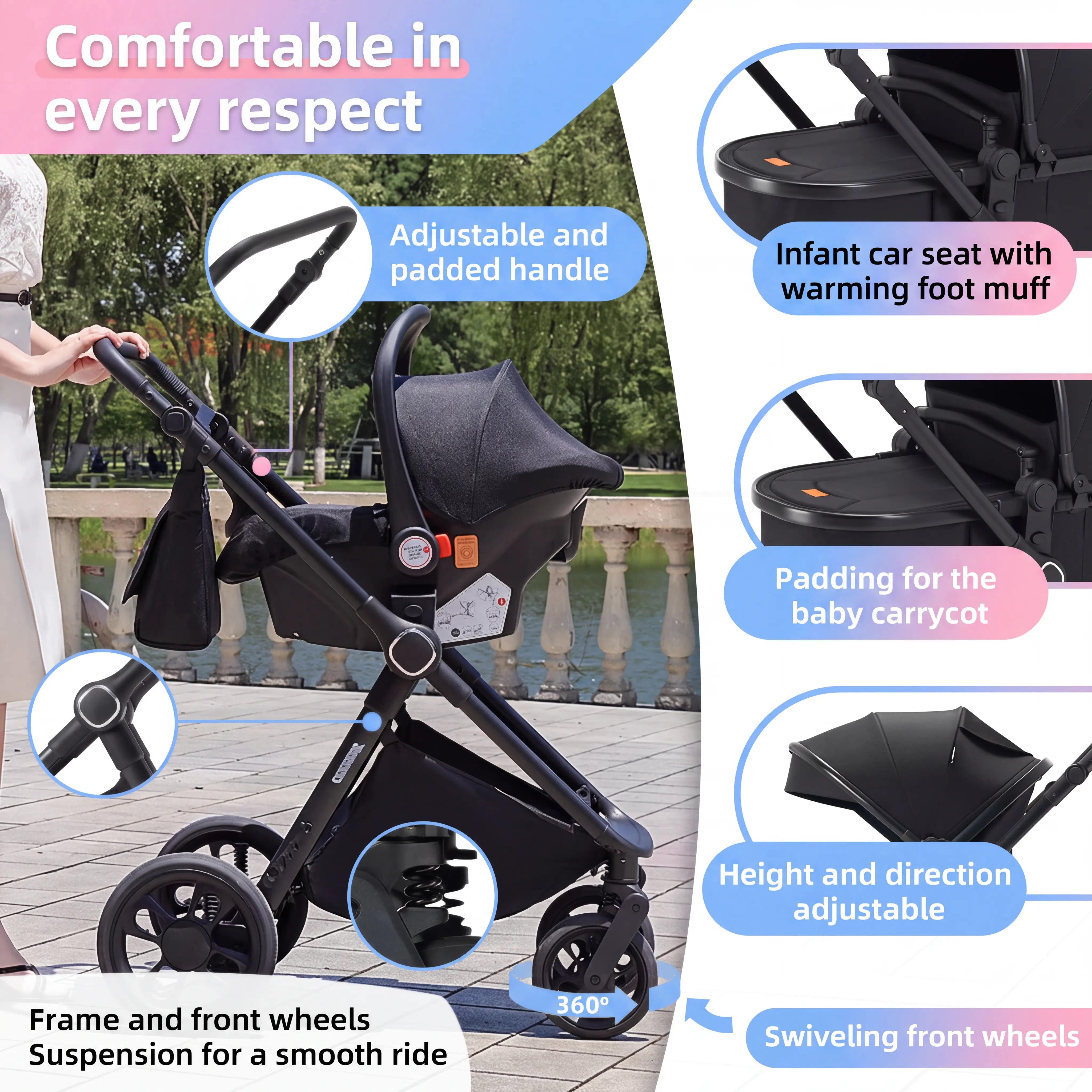 Movebaby™ 3 in 1 Kinderwagen met Autostoel | Luxe Opvouwbare Kinderwagen vanaf Geboorte | Lichtgewicht Aluminium Frame Movebaby