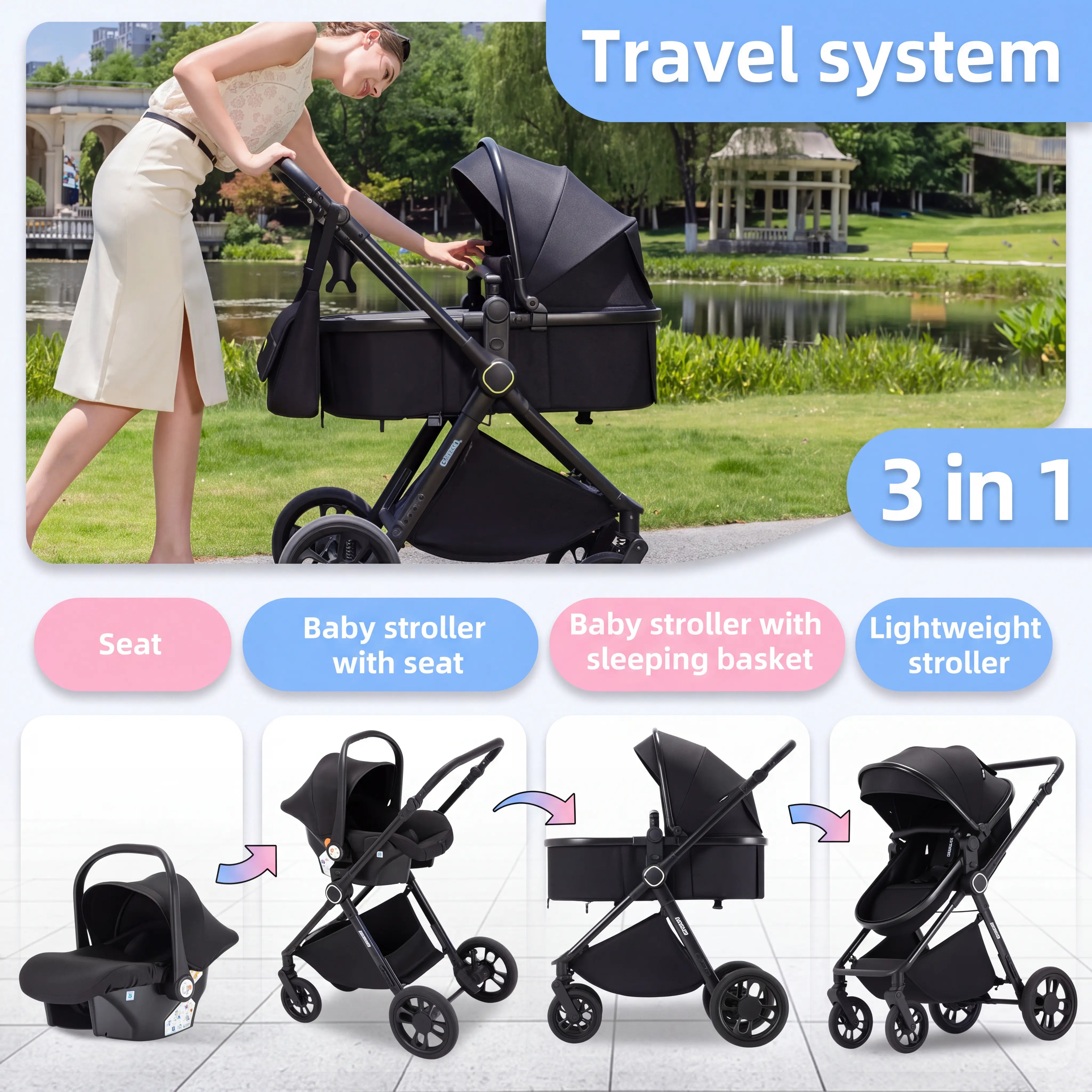 Movebaby™ 3 in 1 Kinderwagen met Autostoel | Luxe Opvouwbare Kinderwagen vanaf Geboorte | Lichtgewicht Aluminium Frame Movebaby