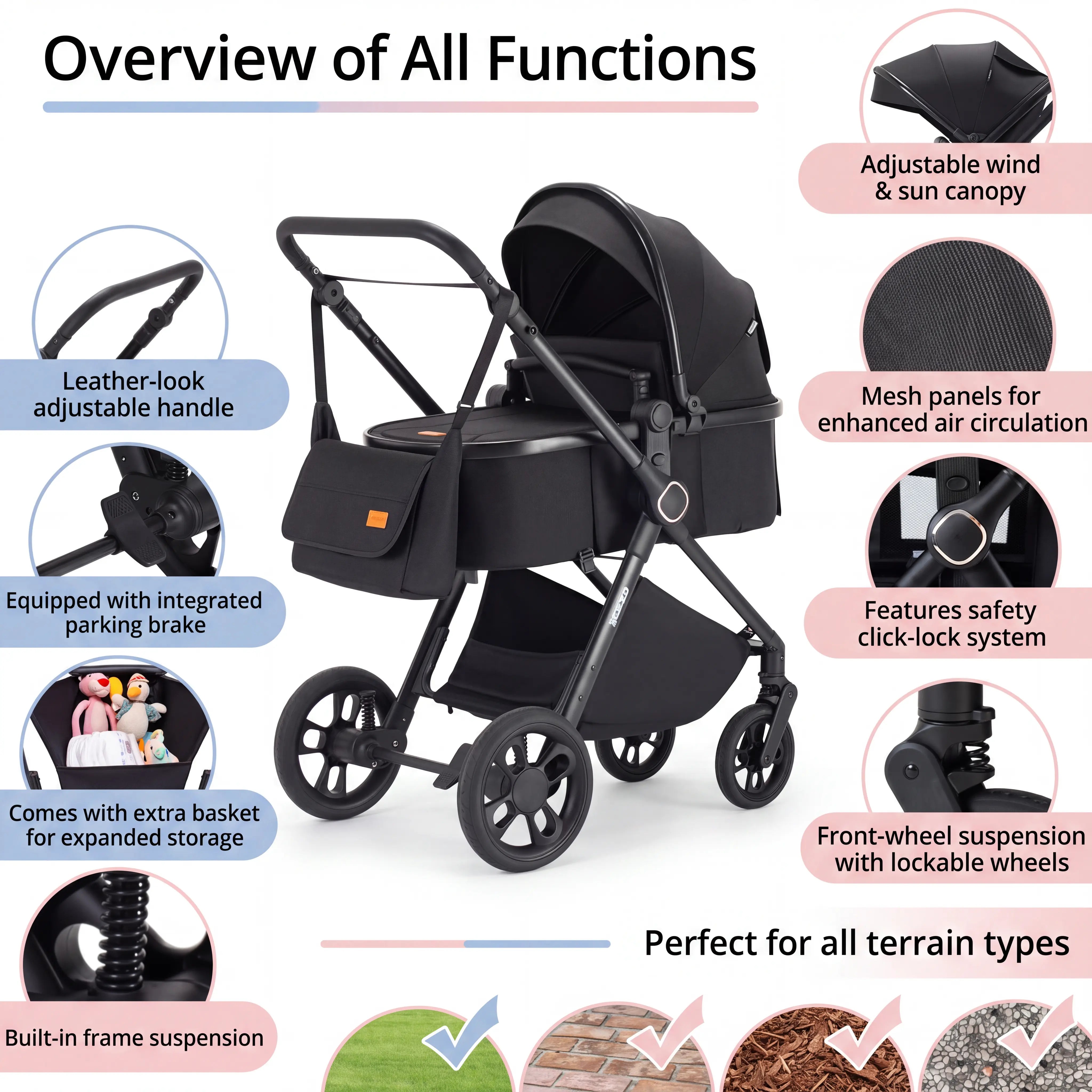 Movebaby™ 3 in 1 Kinderwagen met Autostoel | Luxe Opvouwbare Kinderwagen vanaf Geboorte | Lichtgewicht Aluminium Frame Movebaby