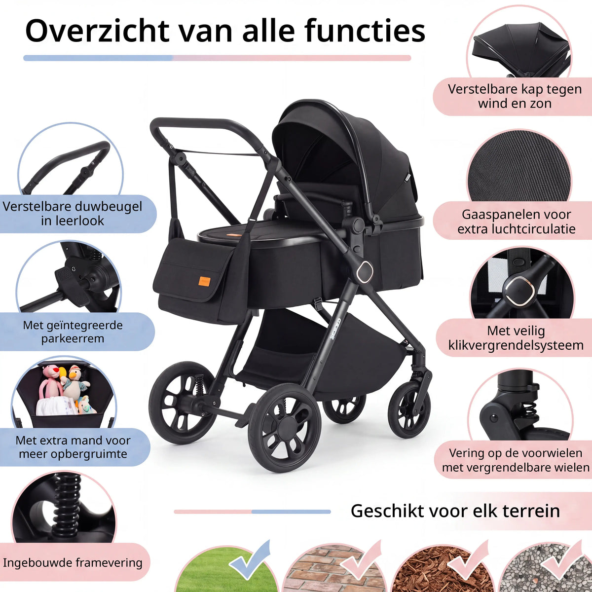 Movebaby™ 3 in 1 Kinderwagen met Autostoel | Luxe Opvouwbare Kinderwagen vanaf Geboorte | Lichtgewicht Aluminium Frame Movebaby