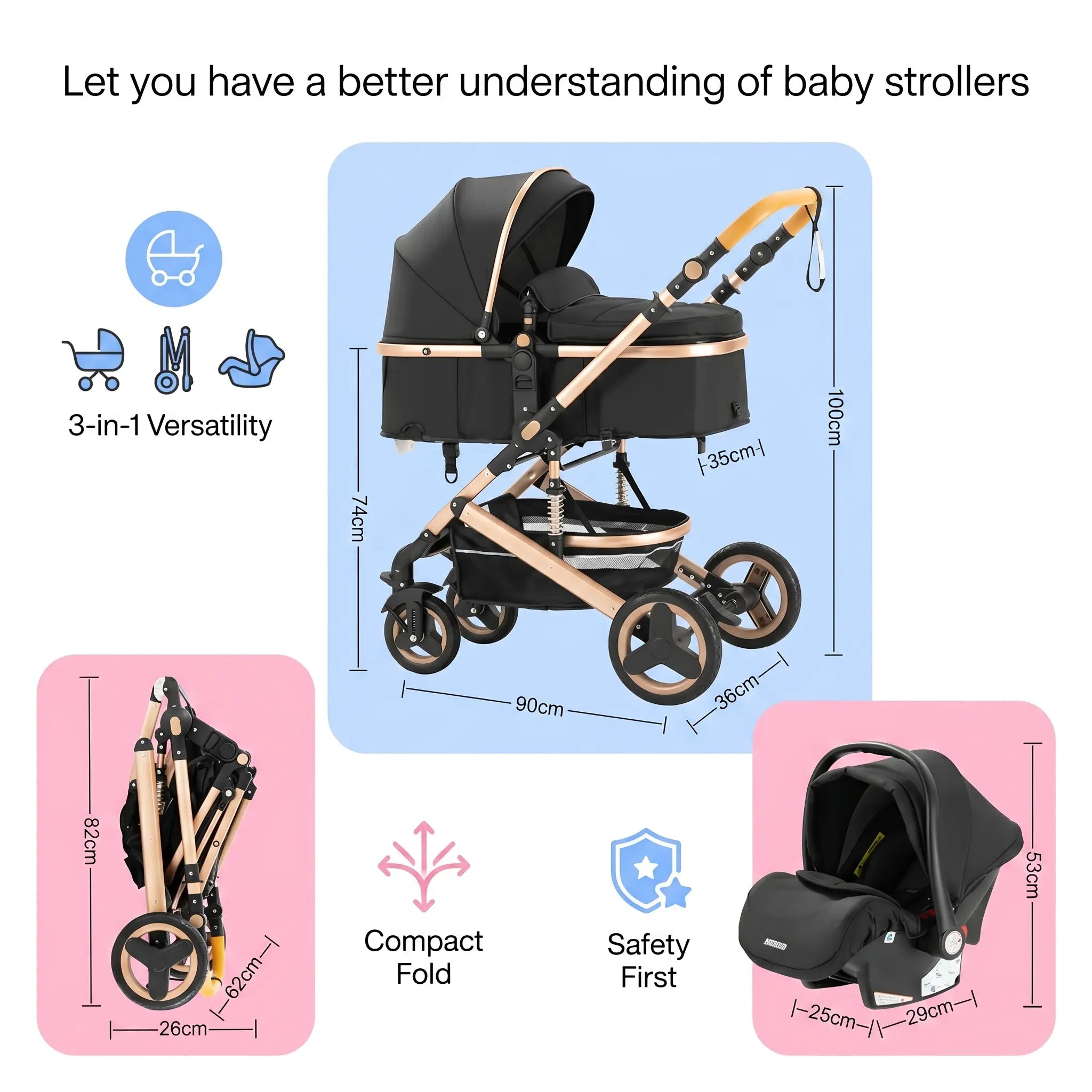 Movebaby™ 3-in-1 Kinderwagen met Autostoel – Luxe Uitvoering | Inclusief 9 Accessoires Movebaby