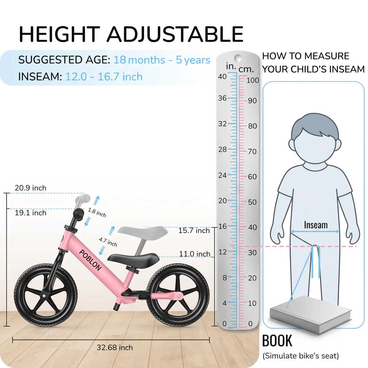 Afmetingen en verstelbare hoogte Movebaby loopfiets