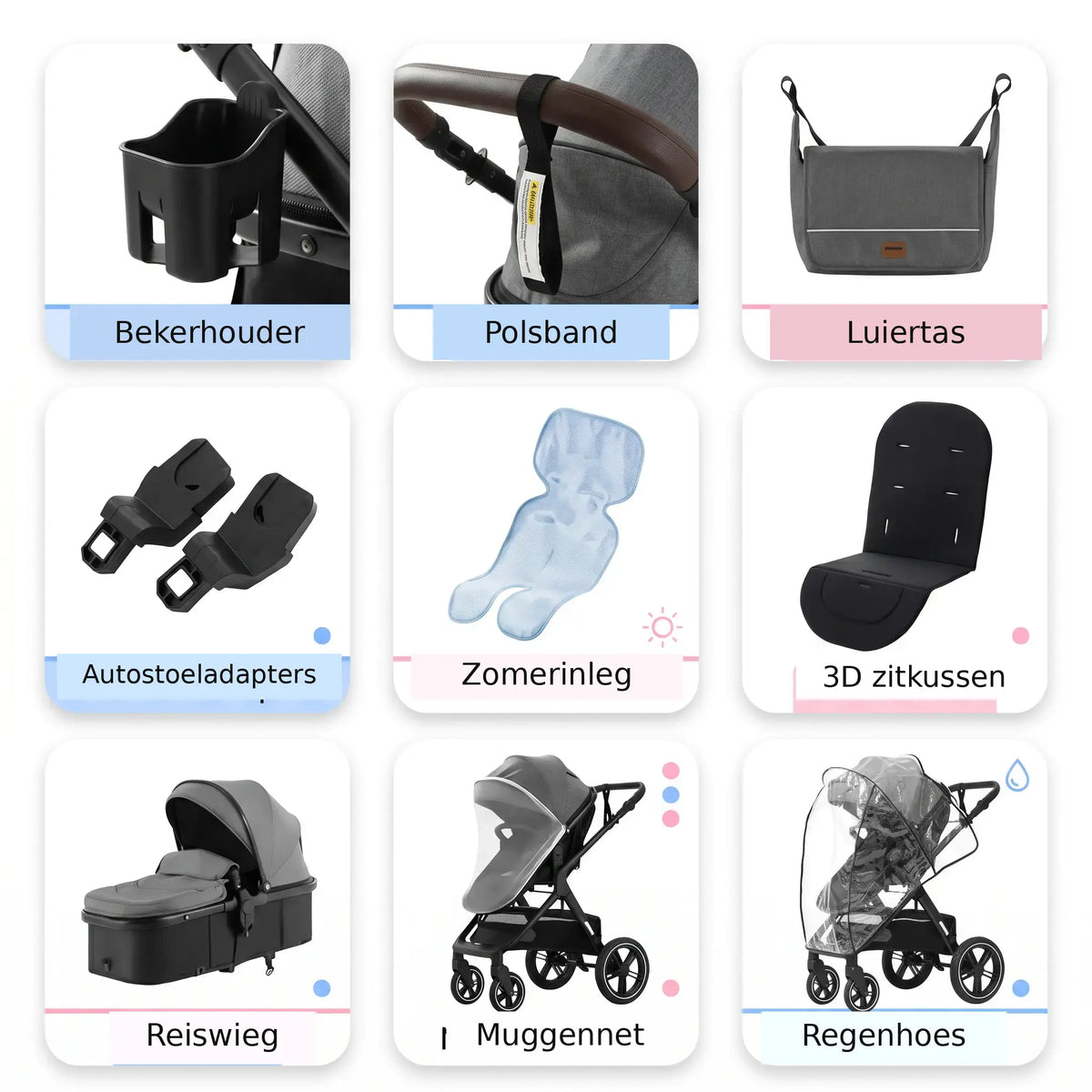 Movebaby™ Luxe 3-in-1 Kinderwagen – Compleet met Accessoires | Verstelbaar, Inklapbaar & Geschikt vanaf Geboorte Movebaby
